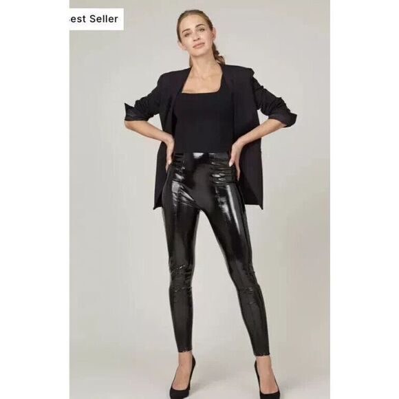 SPANX Faux Patent Leather Leggings  Black M Medium Stretch Glossy NWOT $110 - Picture 1 of 4